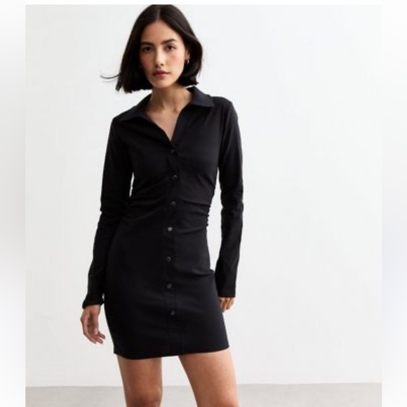 BP. Nordstrom Black Ribbed Long Sleeve Button Front Ruched Mini Dress Size S - Picture 1 of 8